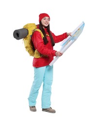 Photo of Smiling young woman with backpack and map on white background. Active tourism