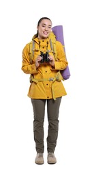 Smiling young woman with backpack and binoculars on white background. Active tourism