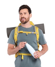 Photo of Happy man with backpack and thermo bottle on white background. Active tourism