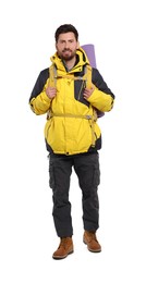 Man with backpack on white background. Active tourism