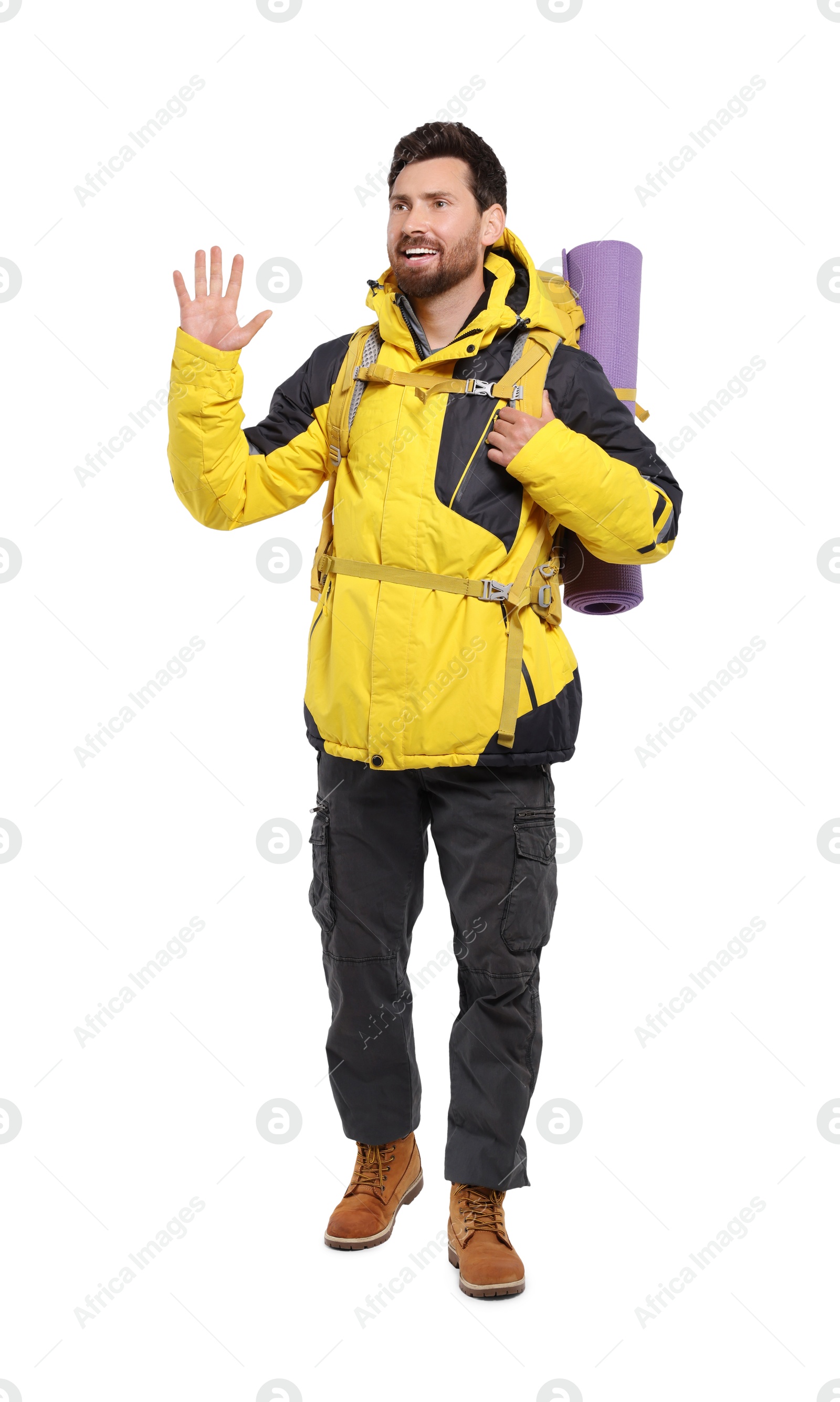 Photo of Happy man with backpack on white background. Active tourism