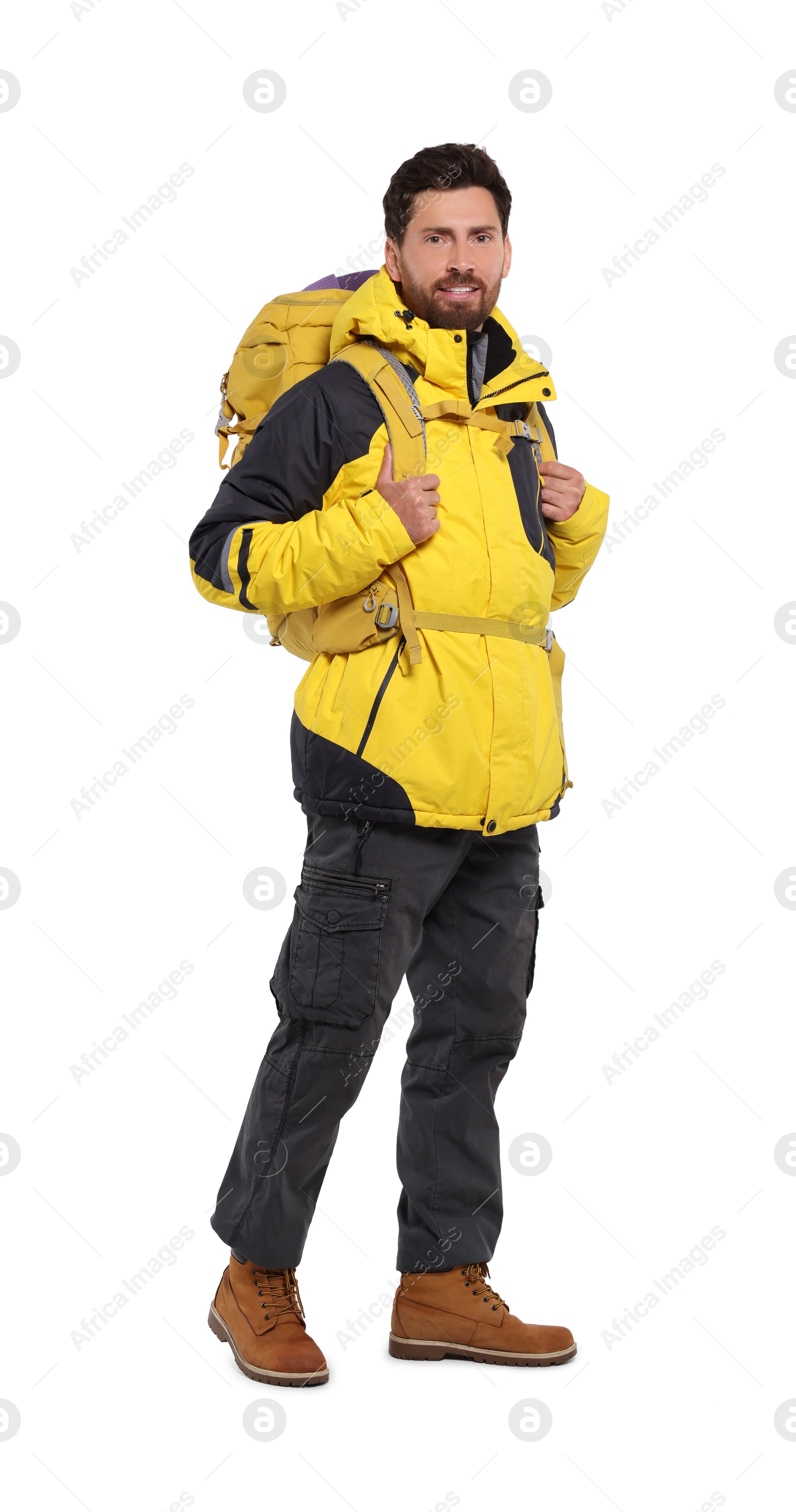 Photo of Man with backpack on white background. Active tourism