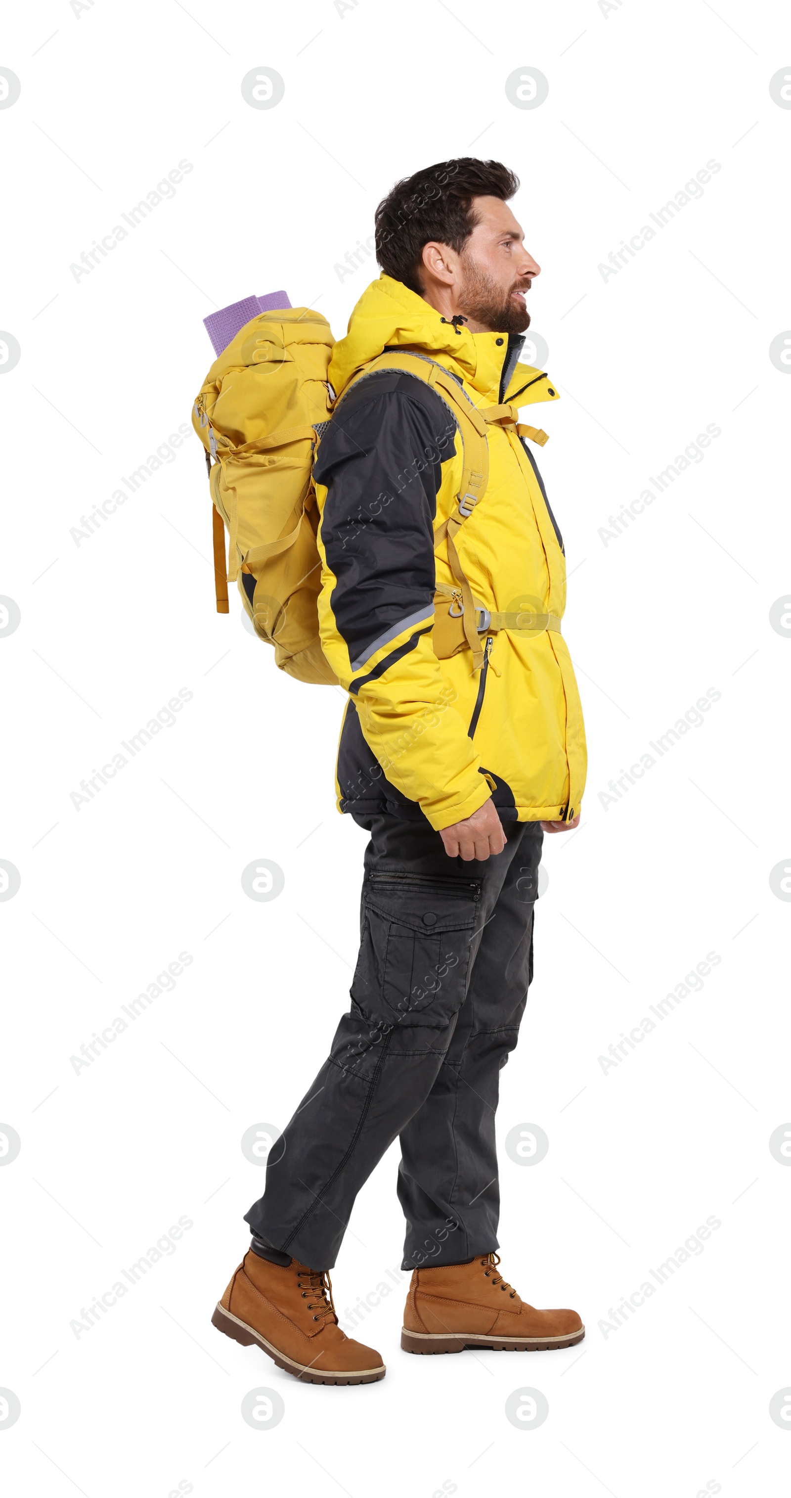 Photo of Man with backpack on white background. Active tourism