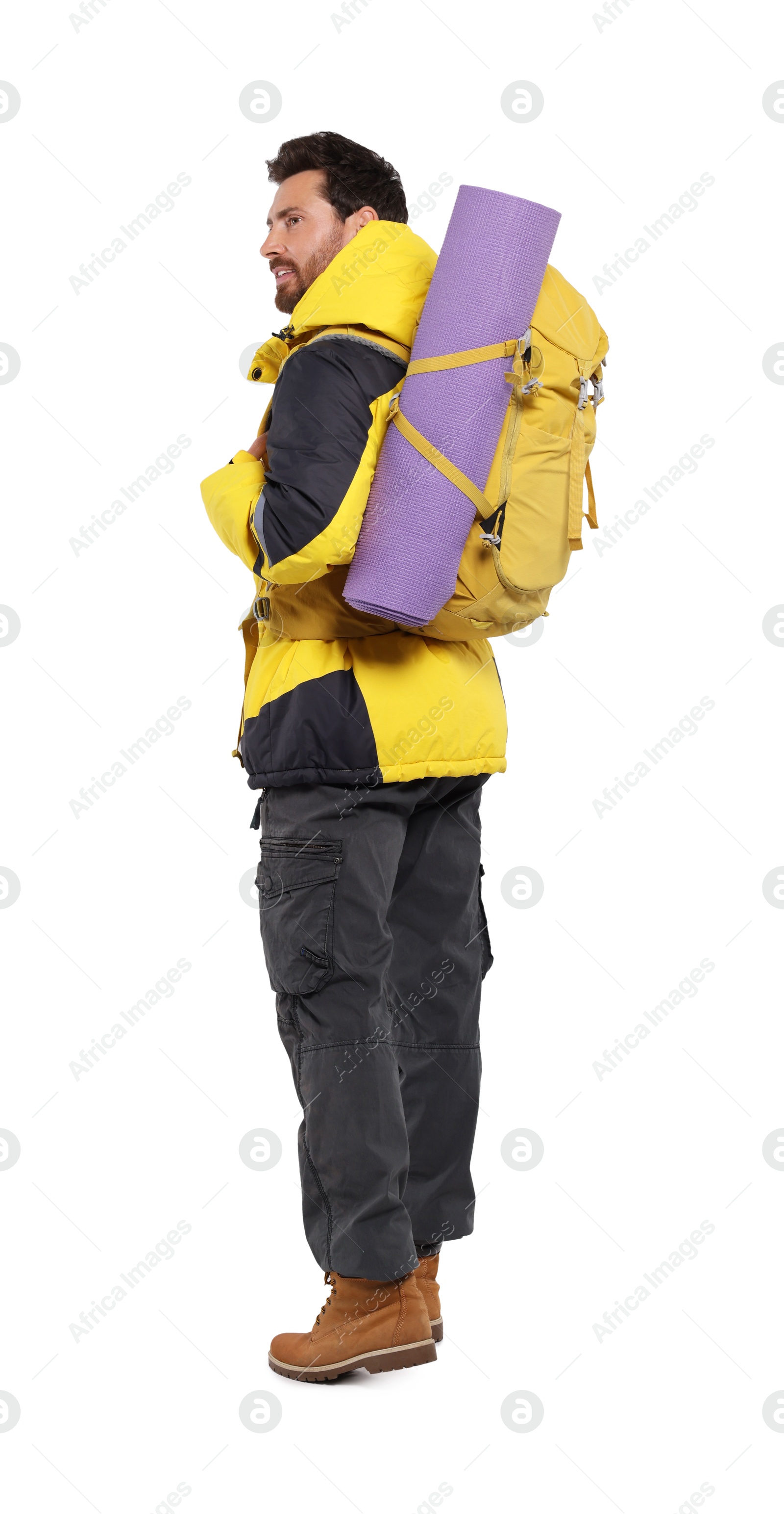 Photo of Man with backpack on white background. Active tourism