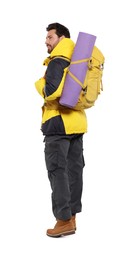 Man with backpack on white background. Active tourism