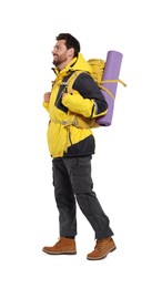 Photo of Happy man with backpack on white background. Active tourism