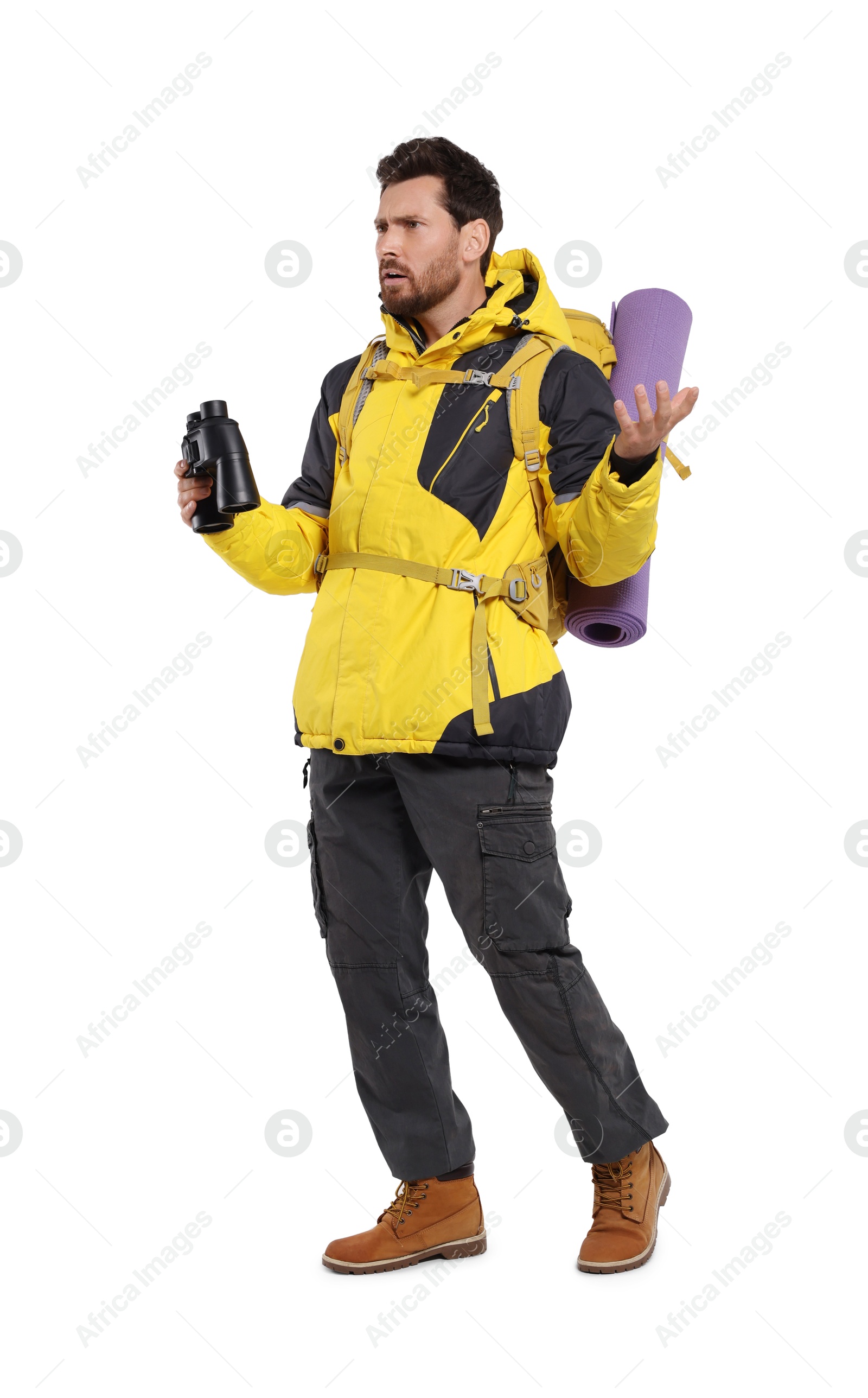 Photo of Man with backpack and binoculars on white background. Active tourism