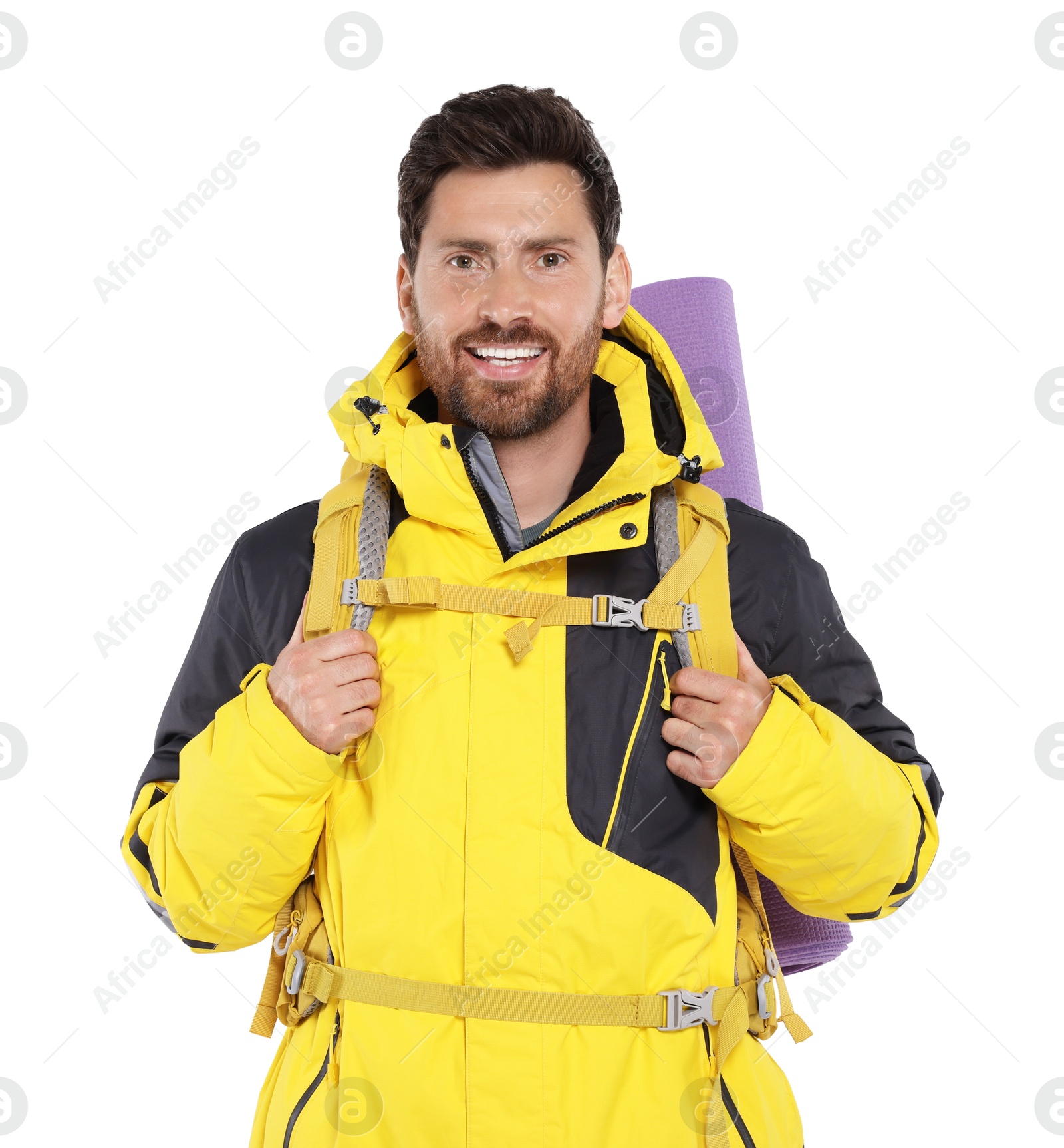 Photo of Happy man with backpack on white background. Active tourism