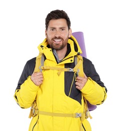 Happy man with backpack on white background. Active tourism