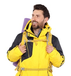 Photo of Happy man with backpack on white background. Active tourism