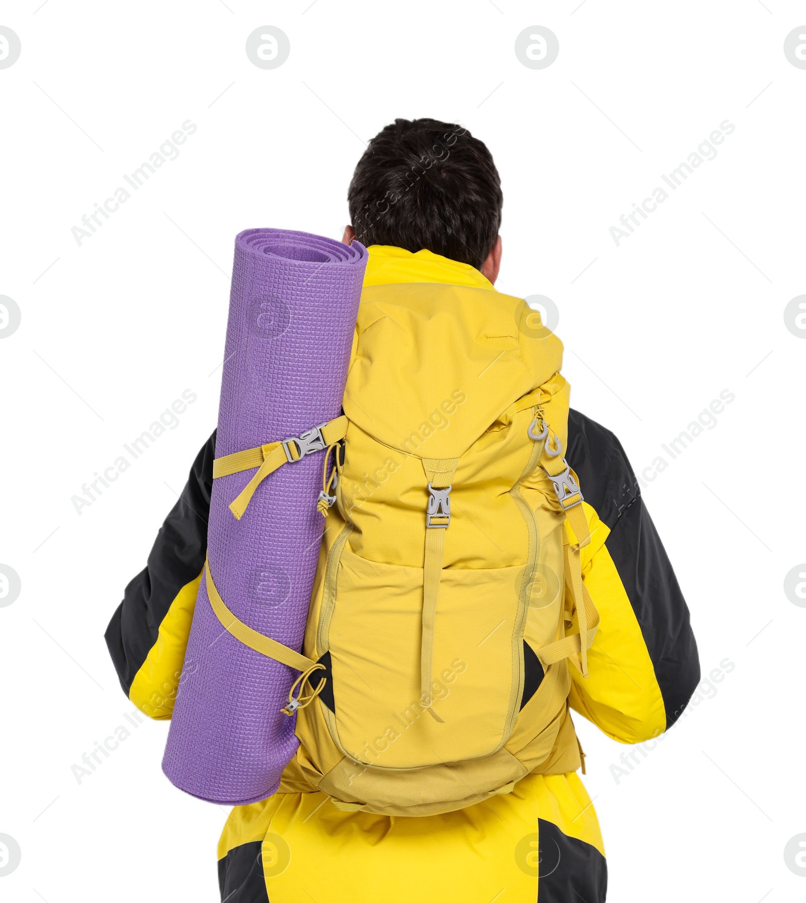 Photo of Man with backpack and mat on white background, back view. Active tourism