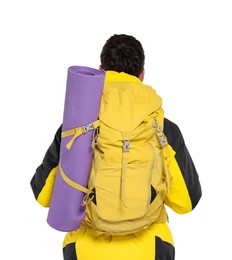 Photo of Man with backpack and mat on white background, back view. Active tourism