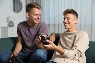 Happy brothers playing video game at home