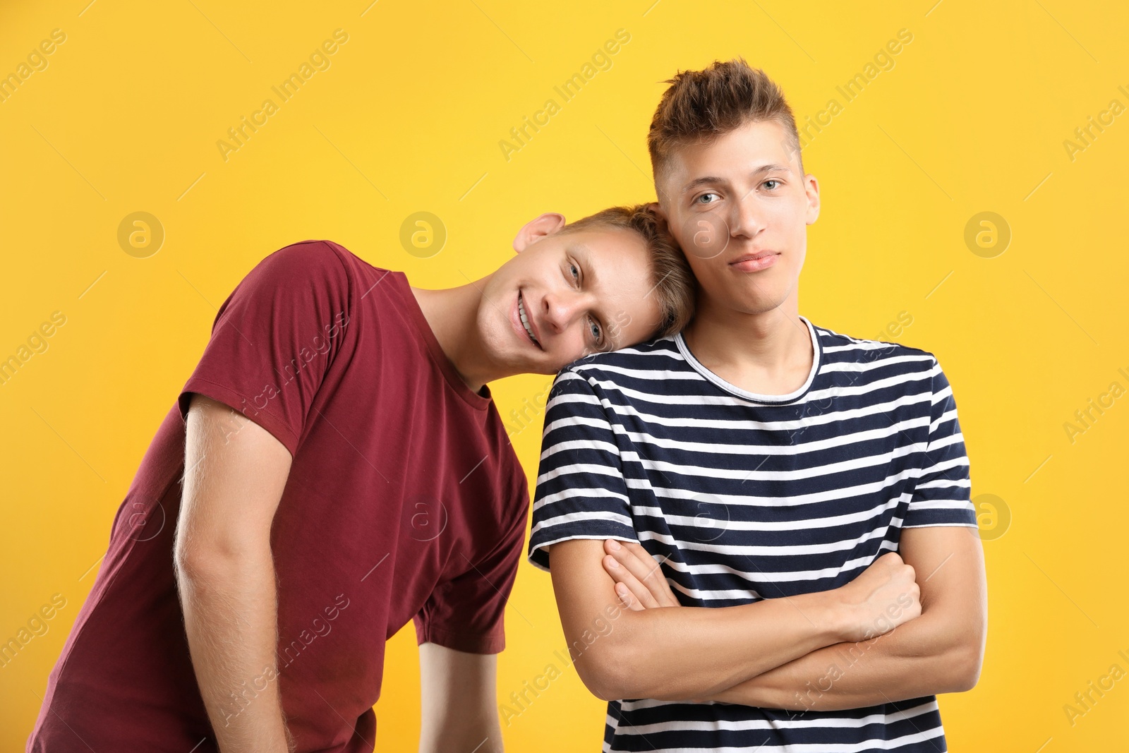 Photo of Portrait of happy brothers on orange background