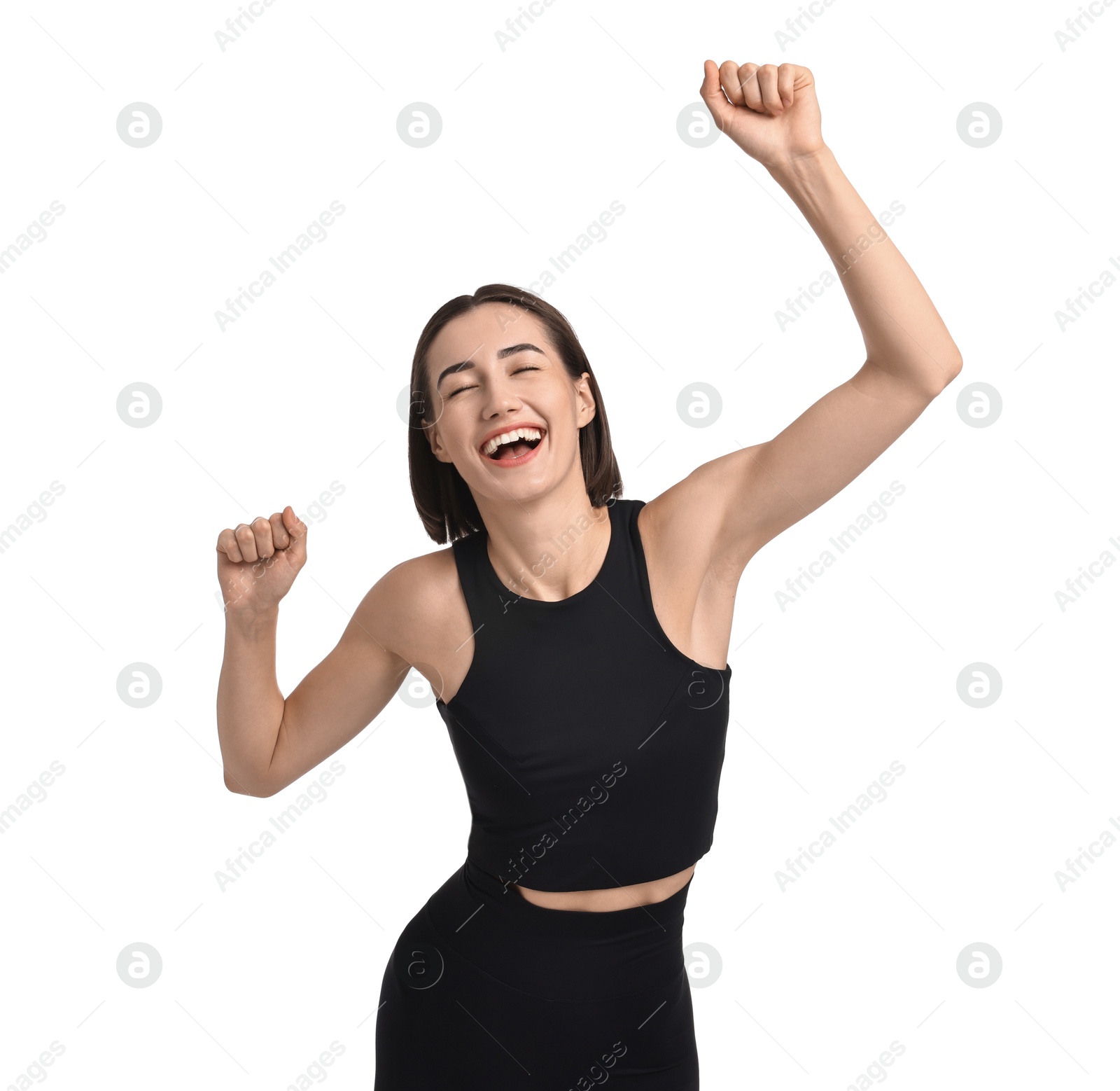 Photo of Beautiful woman in sportswear running on white background