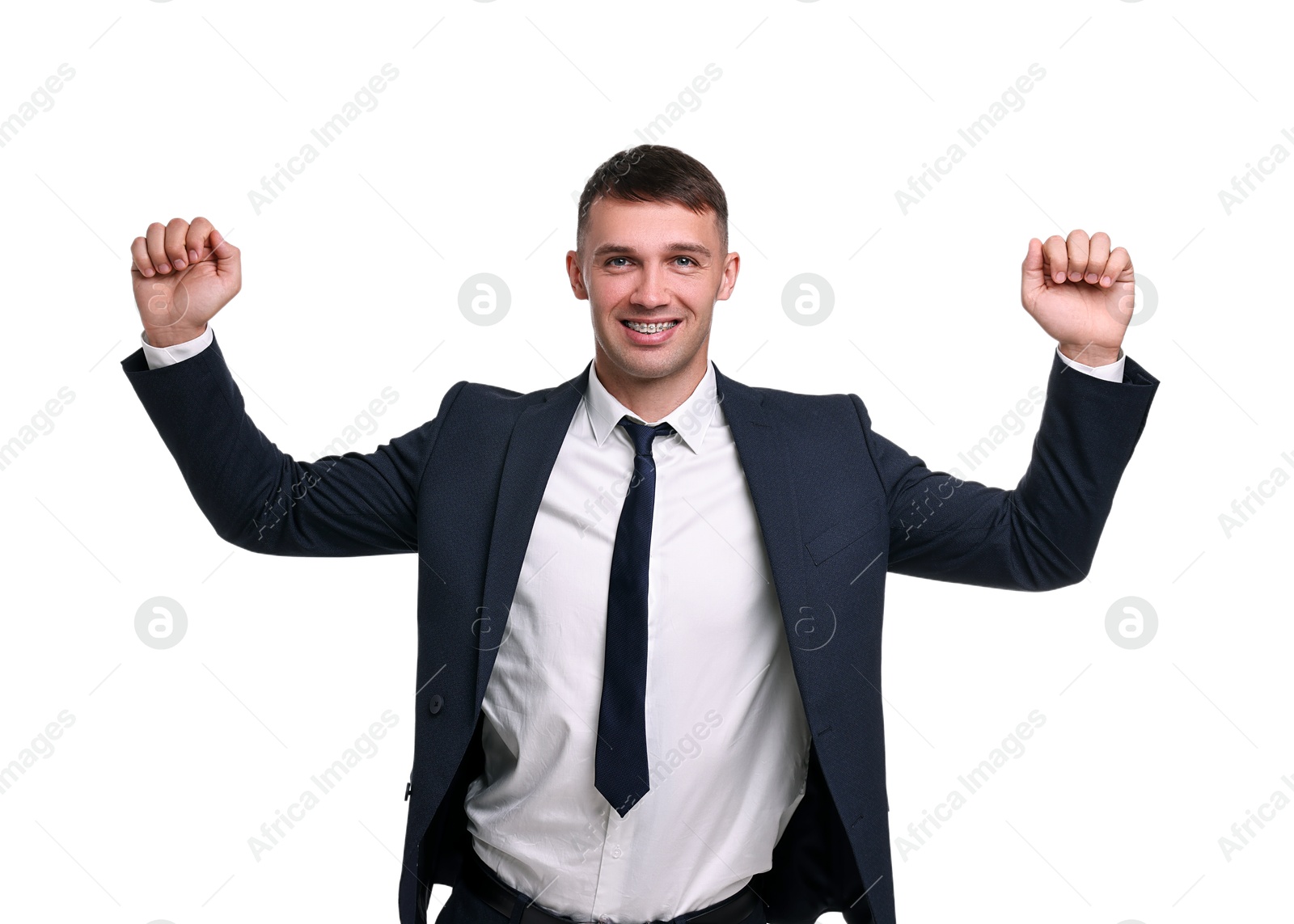 Photo of Businessman in suit running on white background