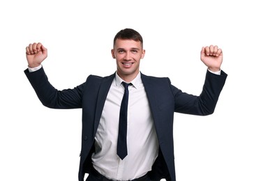 Photo of Businessman in suit running on white background