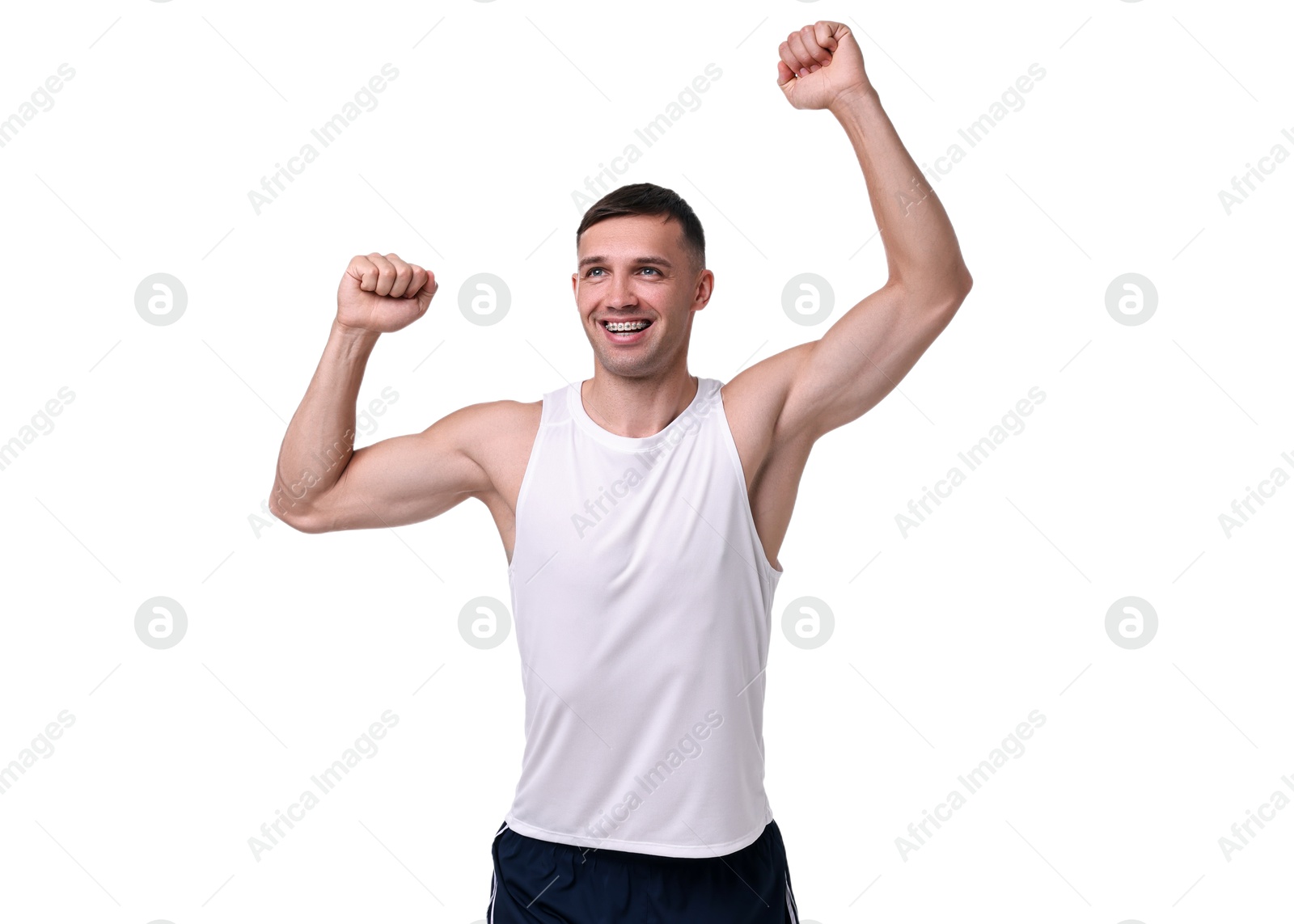 Photo of Man in sportswear running on white background