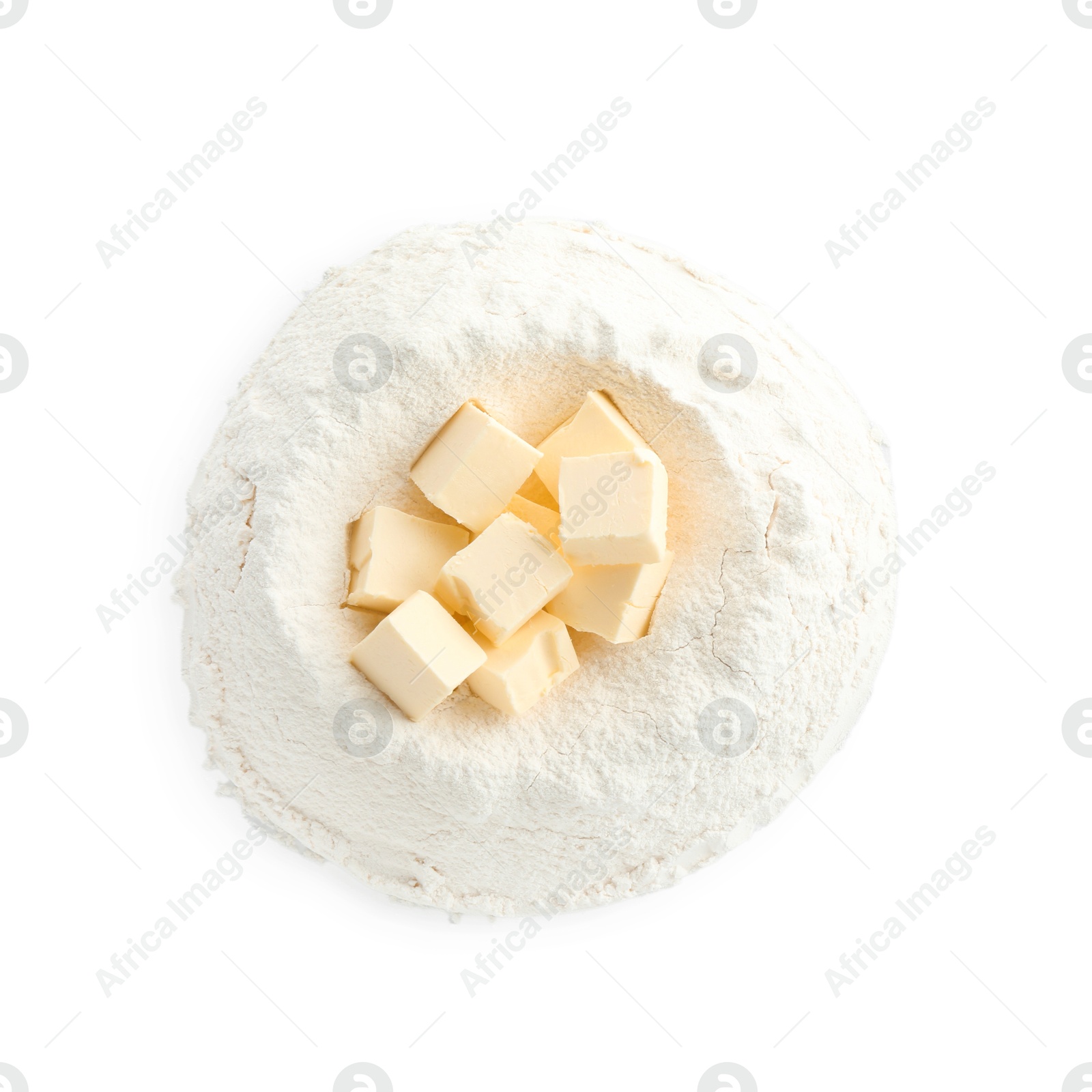 Photo of Cooking homemade pie. Flour with butter isolated on white, top view