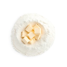 Photo of Cooking homemade pie. Flour with butter isolated on white, top view