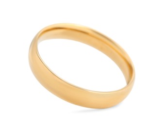 Photo of Beautiful golden wedding ring isolated on white