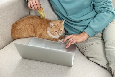 Online pet shop. Woman with laptop, credit card and cute cat making order on sofa at home, closeup