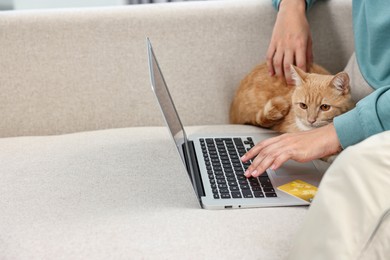 Online pet shop. Woman with laptop, credit card and cute cat making order on sofa at home, closeup