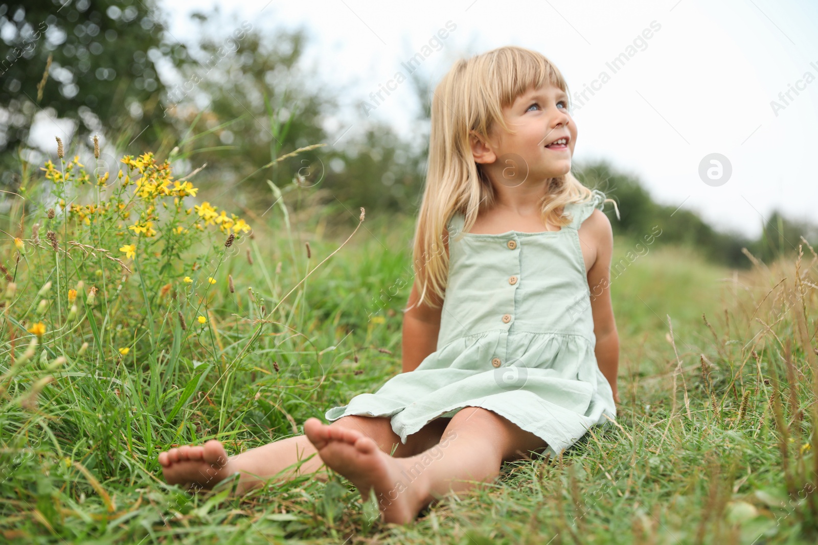 Photo of Barefoot little girl on green grass at meadow. Child enjoying beautiful nature