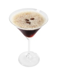 Photo of Delicious espresso martini with coffee beans in glass on white background