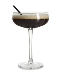 One glass of delicious espresso martini on white background