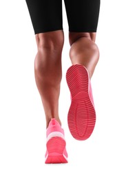 Photo of Woman running on white background, closeup view