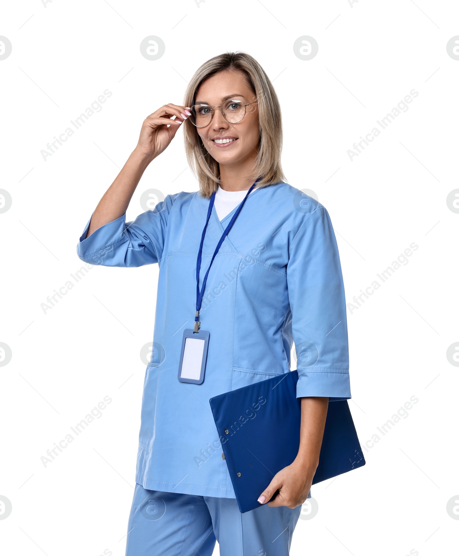 Photo of Smiling healthcare worker with clipboard on white background