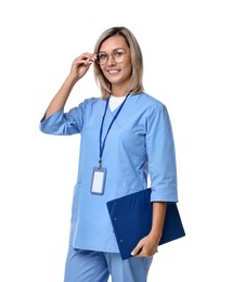 Photo of Smiling healthcare worker with clipboard on white background