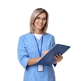 Photo of Smiling healthcare worker with clipboard and pen on white background