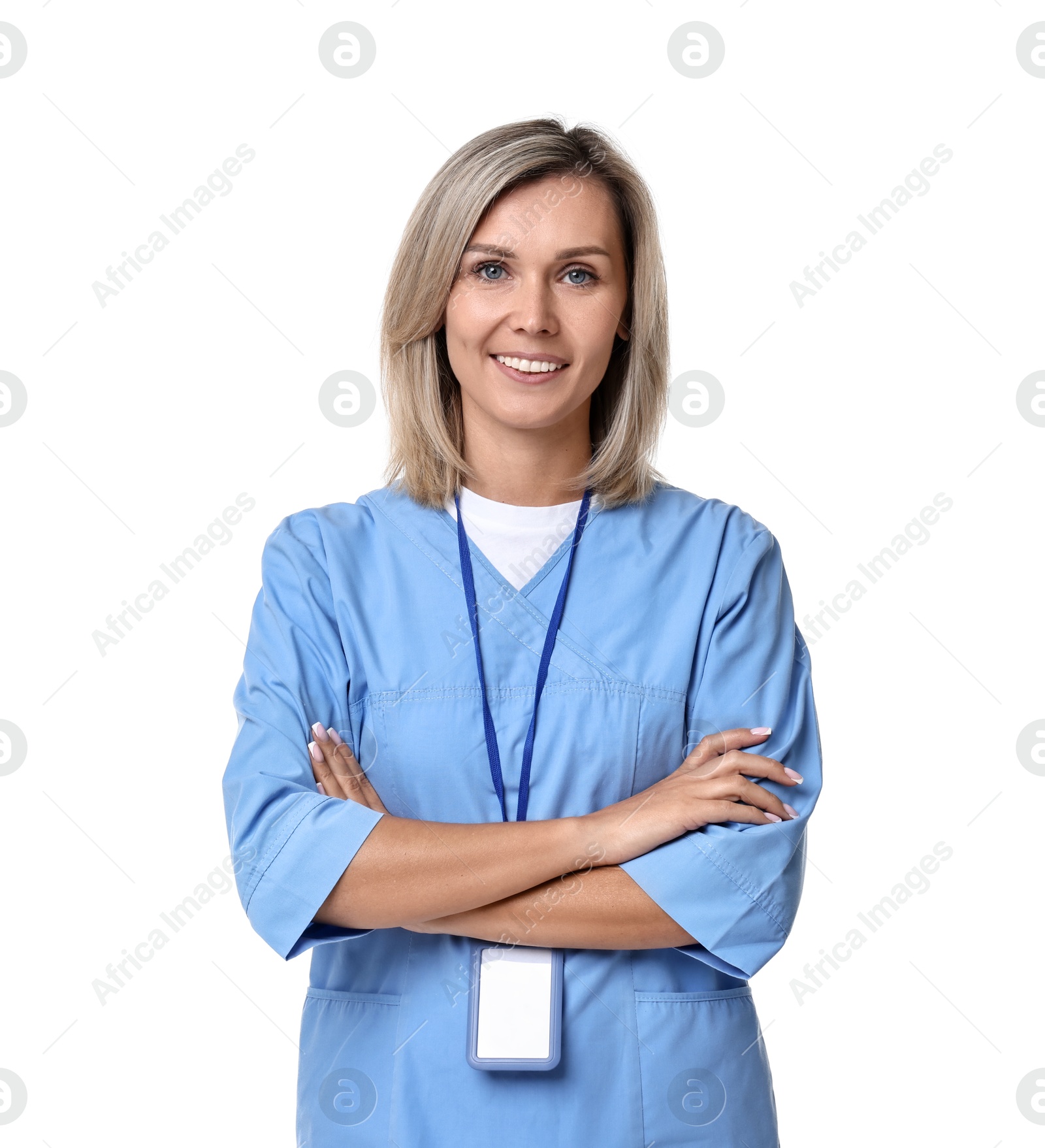 Photo of Smiling healthcare worker with clipboard on white background