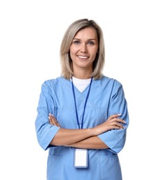 Photo of Smiling healthcare worker with clipboard on white background