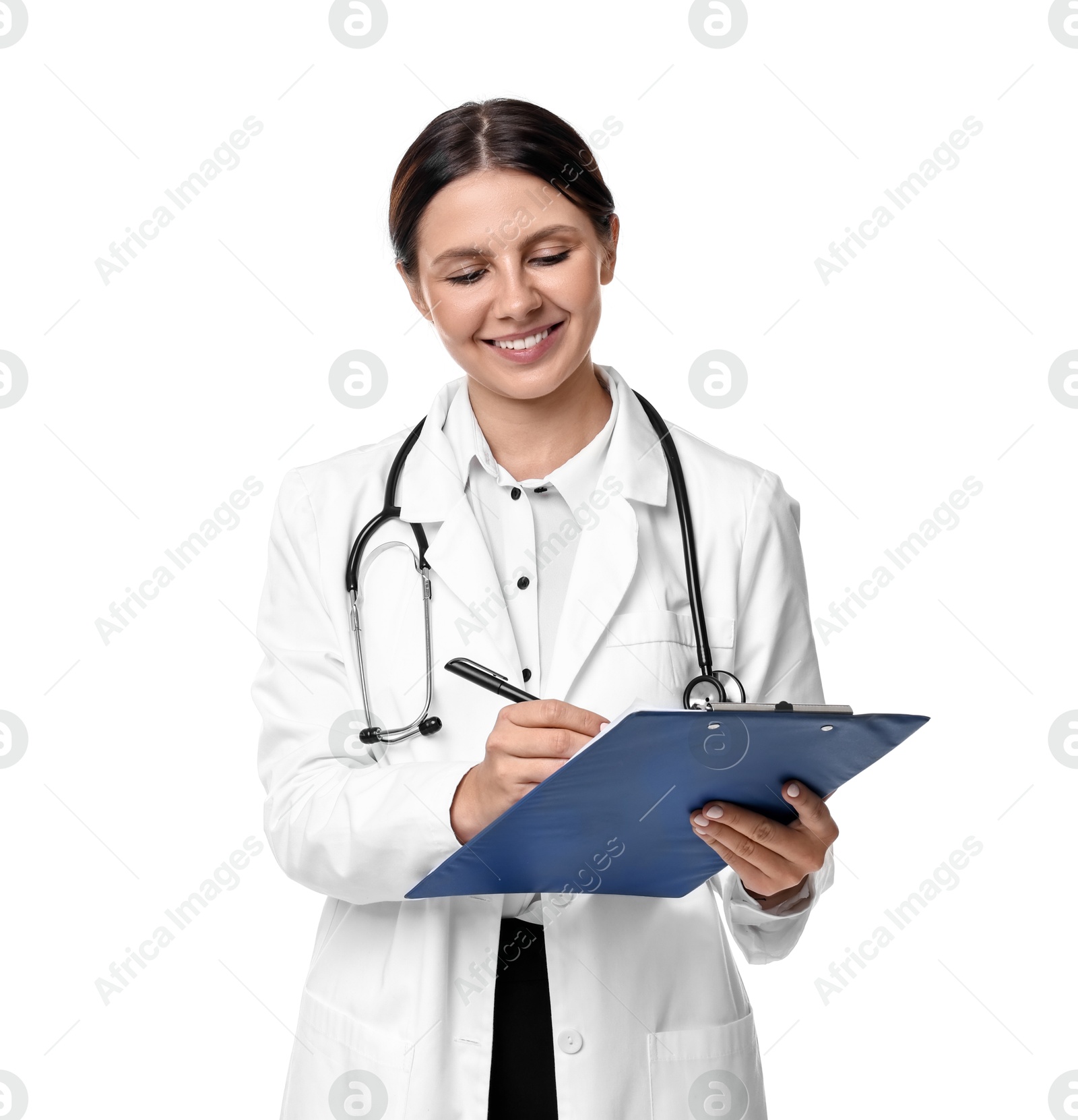 Photo of Smiling healthcare worker with clipboard writing notes on white background