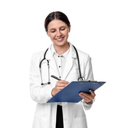 Smiling healthcare worker with clipboard writing notes on white background