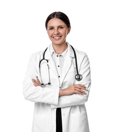 Smiling healthcare worker with stethoscope on white background