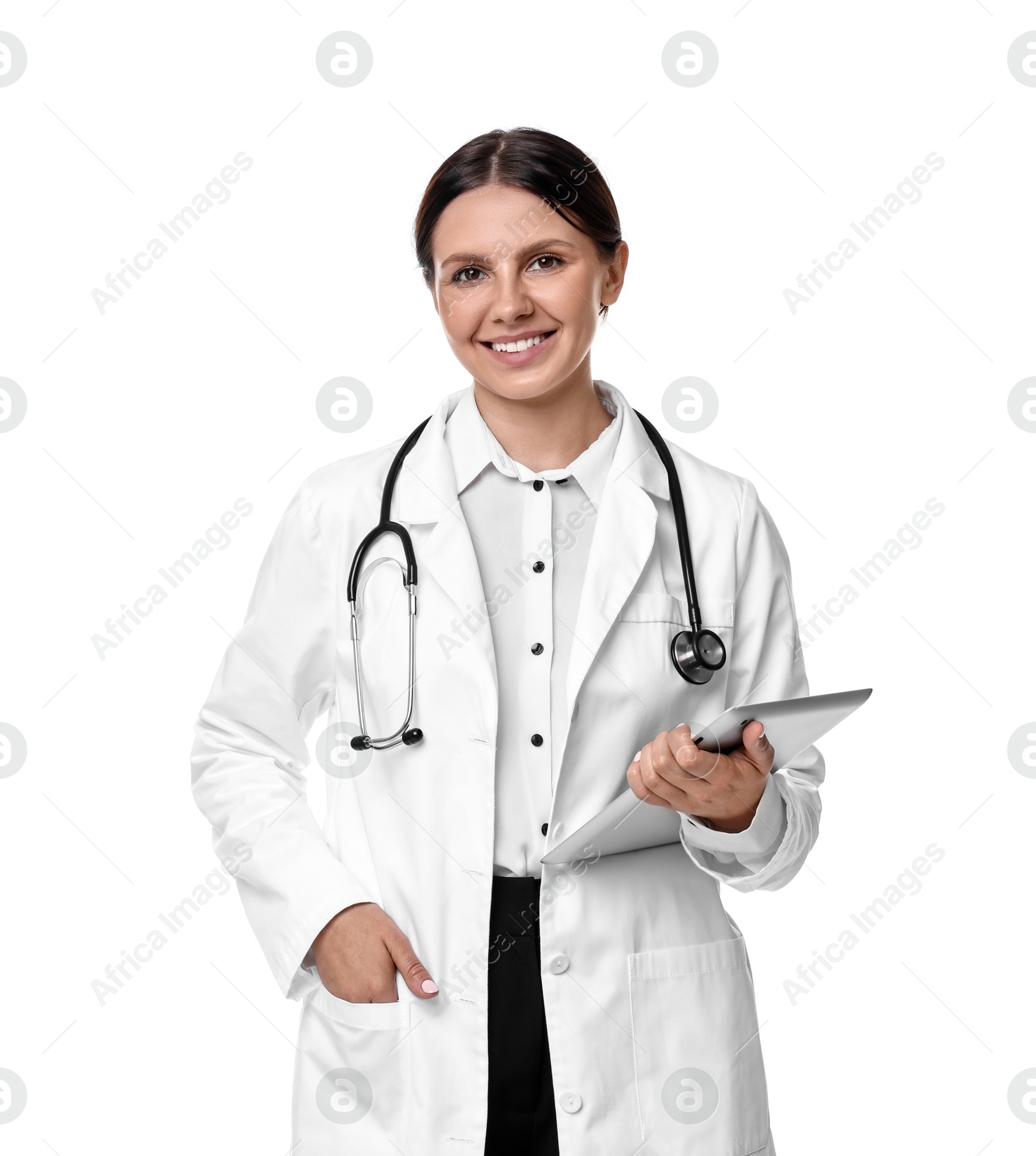 Photo of Smiling healthcare worker with stethoscope and tablet on white background