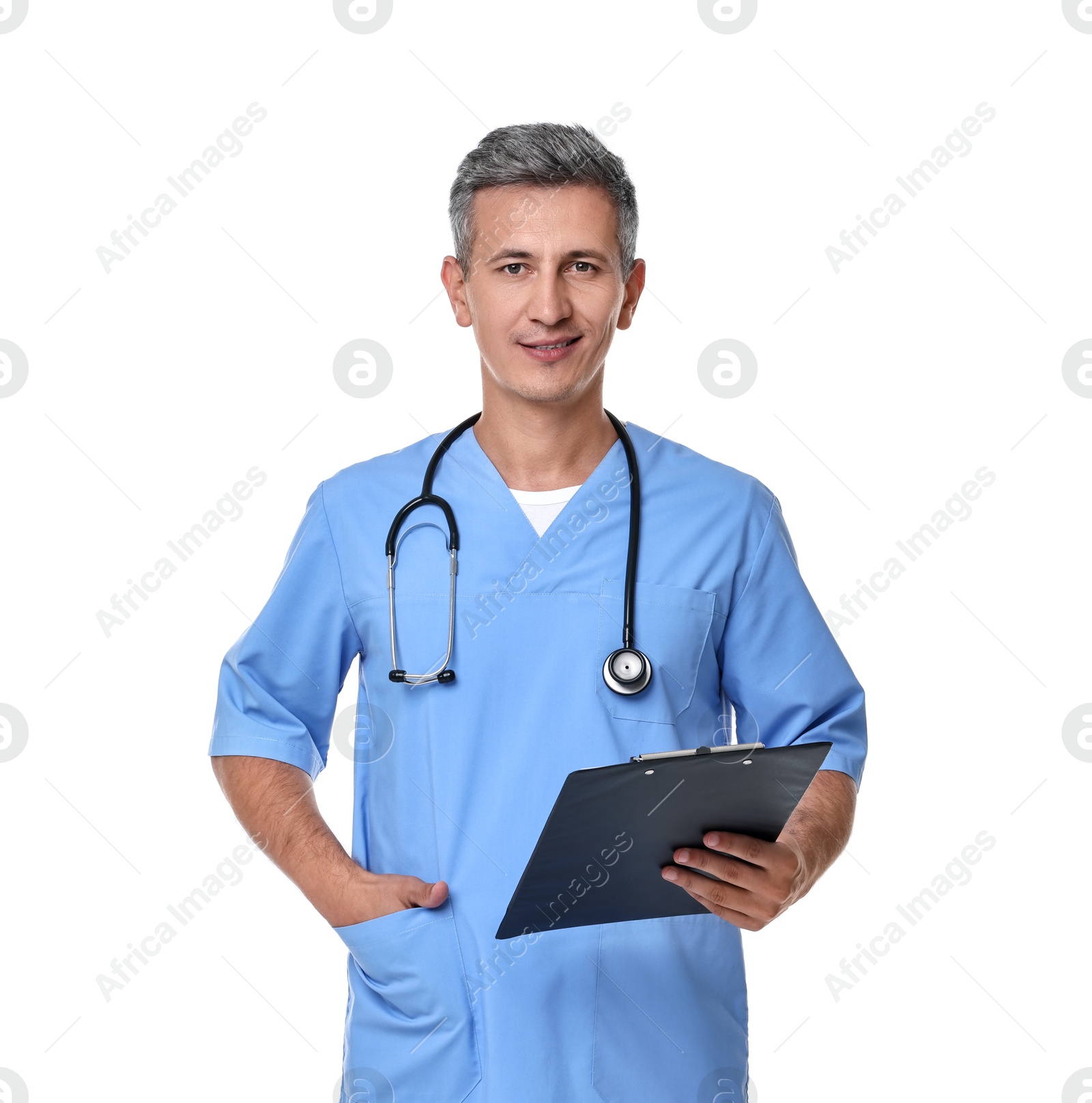 Photo of Smiling healthcare worker with stethoscope and clipboard on white background