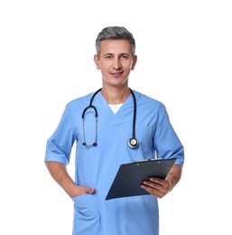 Smiling healthcare worker with stethoscope and clipboard on white background