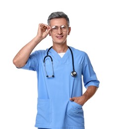 Smiling healthcare worker in glasses on white background