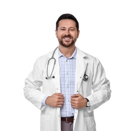 Photo of Smiling healthcare worker with stethoscope on white background