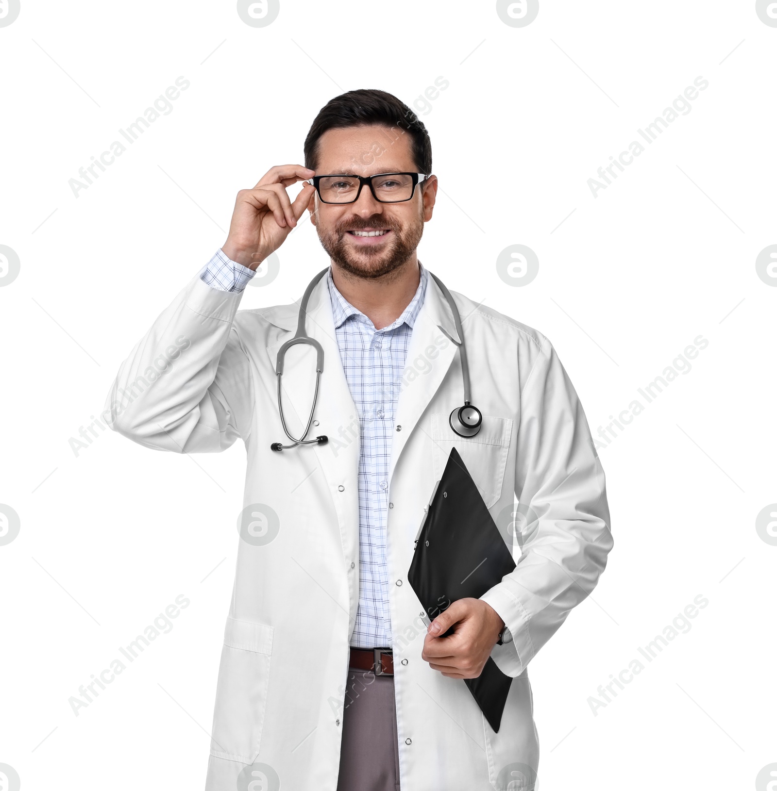 Photo of Smiling healthcare worker with stethoscope and clipboard on white background