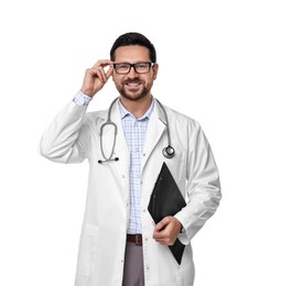 Photo of Smiling healthcare worker with stethoscope and clipboard on white background