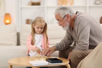 Photo of Grandpa and his granddaughter playing dominoes at table indoors