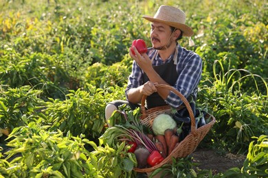 Photo of Harvesting season. Farmer holding wicker basket with fresh vegetables in field on sunny day