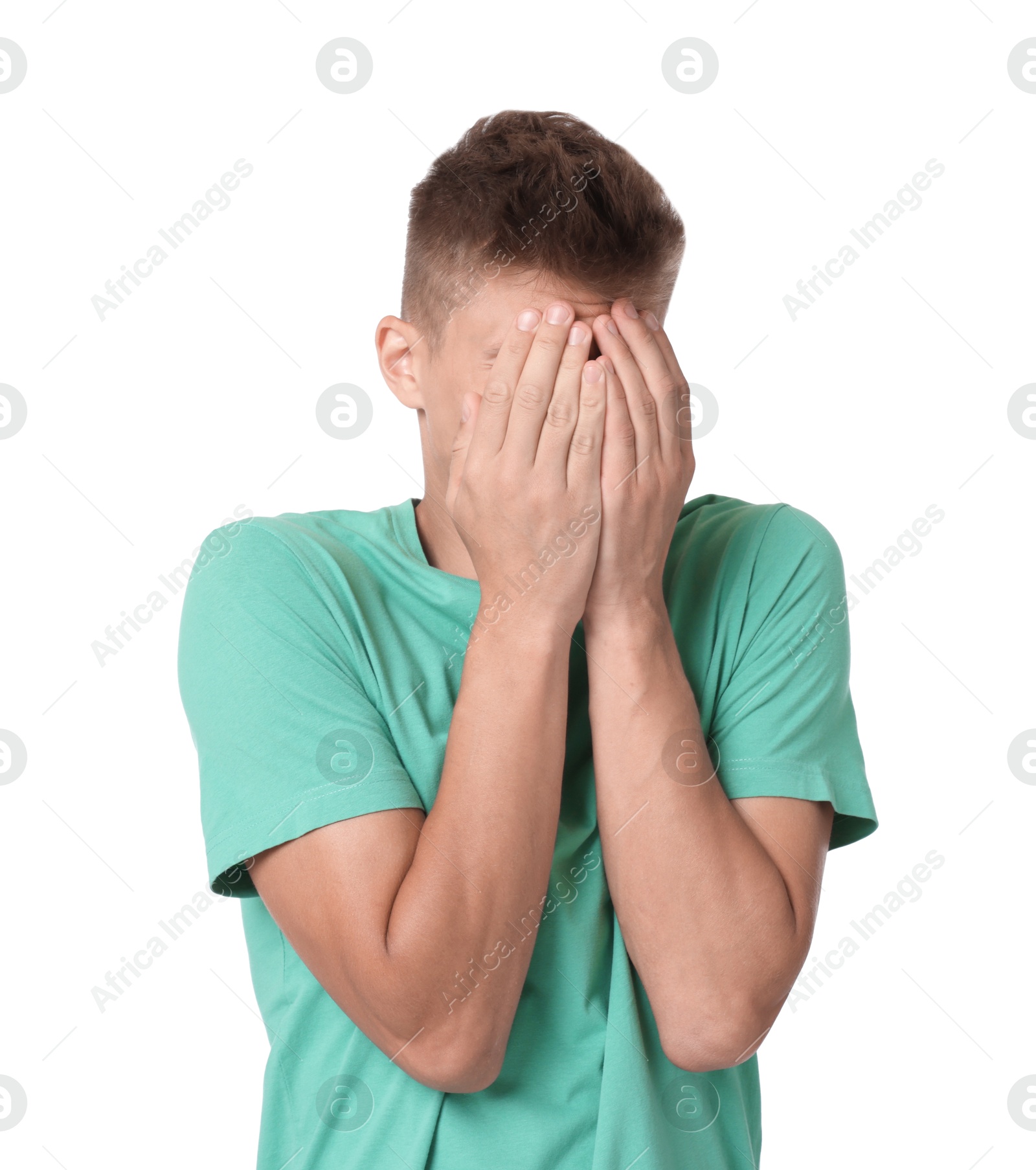 Photo of Portrait of scared young man on white background