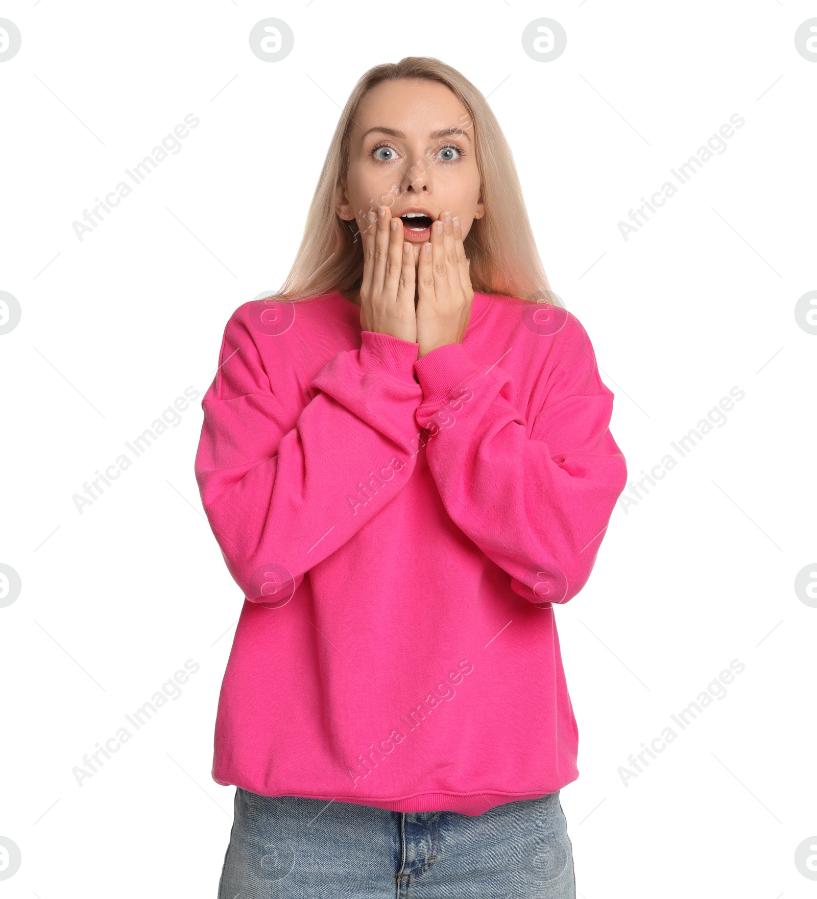 Photo of Portrait of scared woman on white background